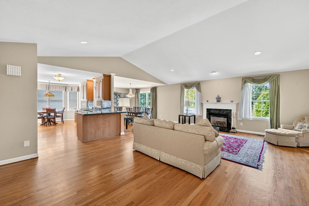 Dining room, Fireplace, Interior, Kitchen, Living room, Pendant Lights, Recessed Lighting, Wood Texture Flooring