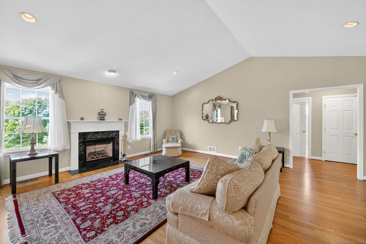 Fireplace, Interior, Living room, Recessed Lighting, Wood Texture Flooring