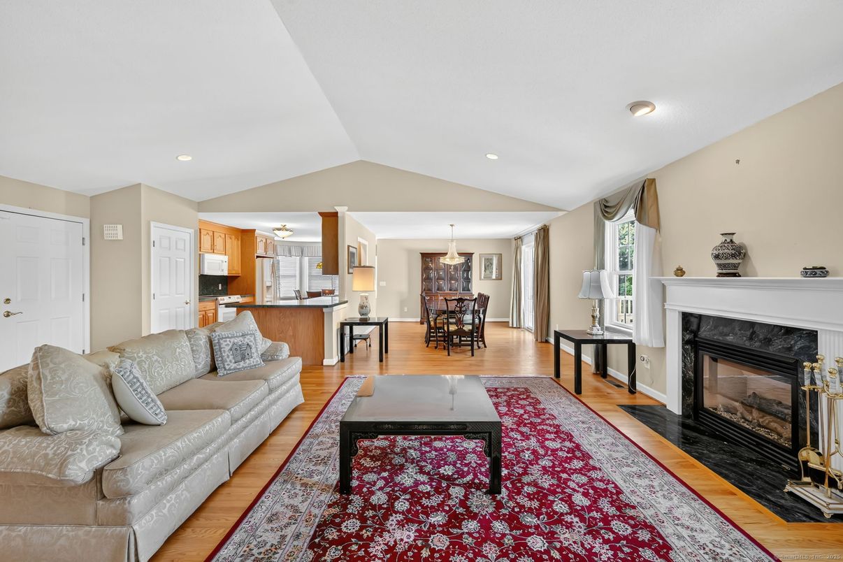 Dining room, Fireplace, Interior, Kitchen, Living room, Pendant Lights, Recessed Lighting, Wood Texture Flooring