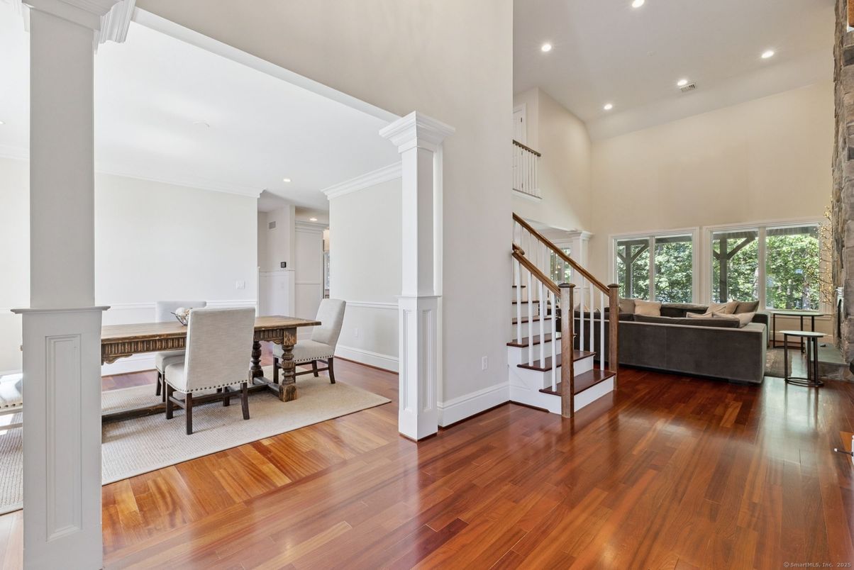 Dining room, Interior, Living room, Recessed Lighting, Wood Texture Flooring