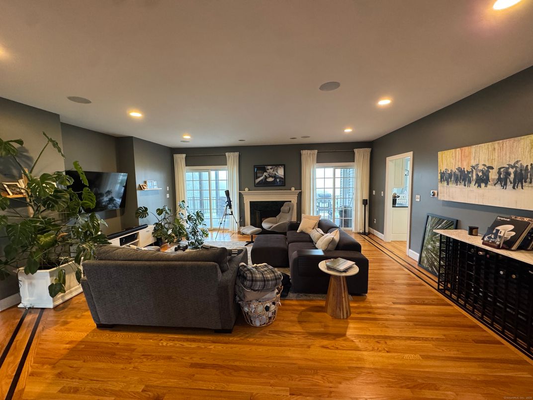 Fireplace, Interior, Living room, Recessed Lighting, Wood Texture Flooring