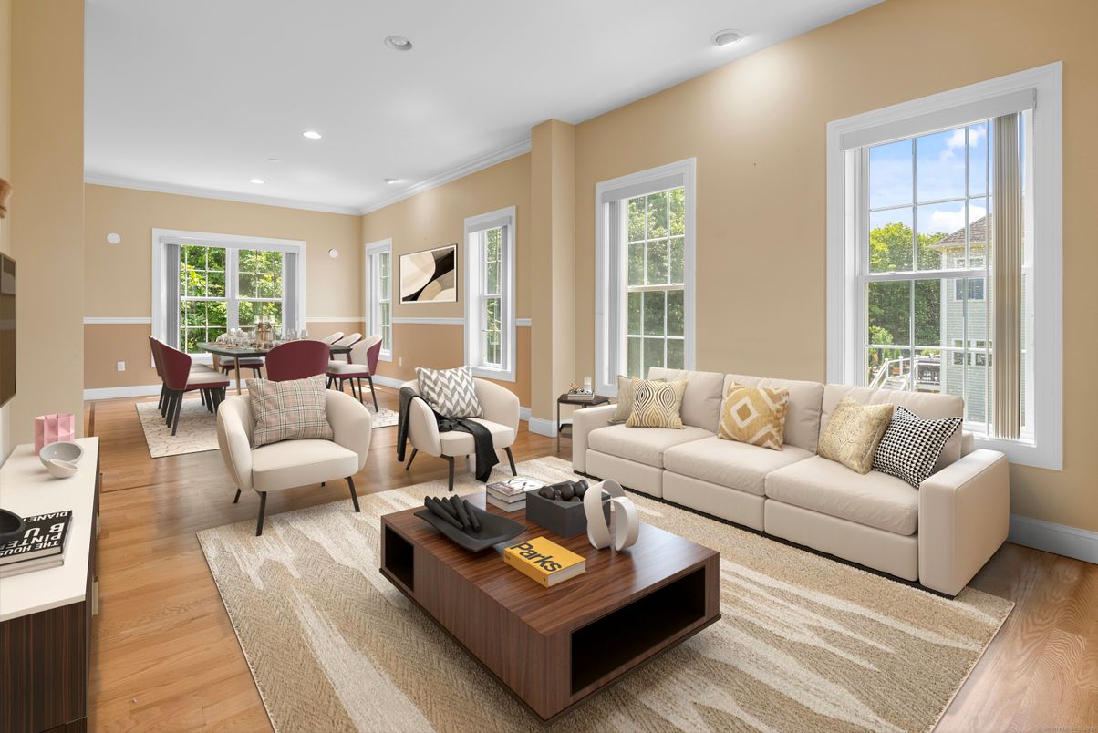 Dining room, Interior, Living room, Recessed Lighting, Wood Texture Flooring