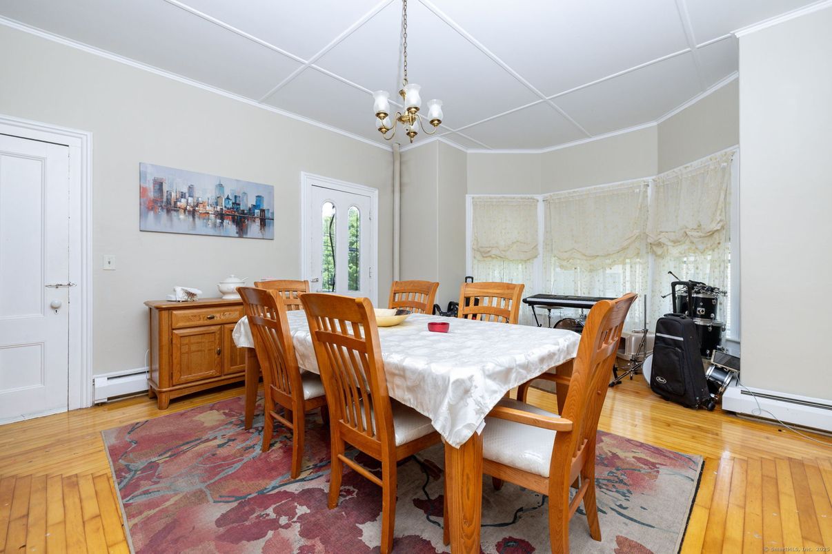 Chandelier, Dining room, Interior, Wood Texture Flooring
