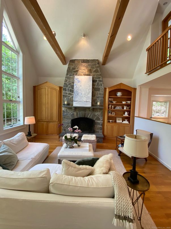 Fireplace, Interior, Living room, Recessed Lighting, Stone Walls, Wooden Beams, Wood Texture Flooring