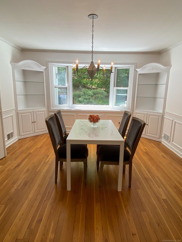 Dining room, Interior, Pendant Lights, Wood Texture Flooring