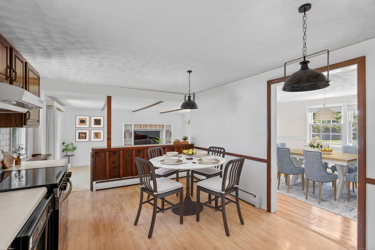 Dining room, Interior, Pendant Lights, Wood Texture Flooring
