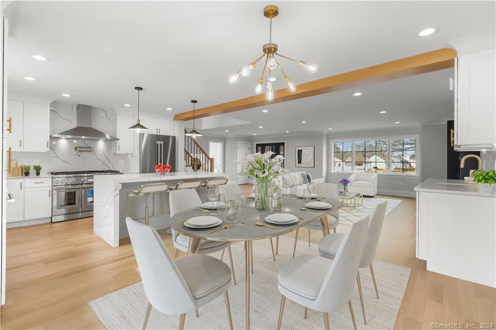 Dining room, Interior, Kitchen, Pendant Lights, Recessed Lighting, Stainless Steel Appliances, Wood Texture Flooring
