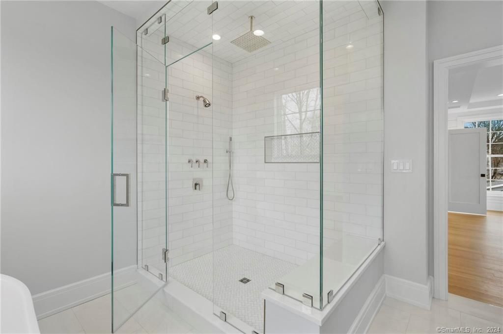 Bathroom, Glass Shower, Interior, Recessed Lighting, Wood Texture Flooring