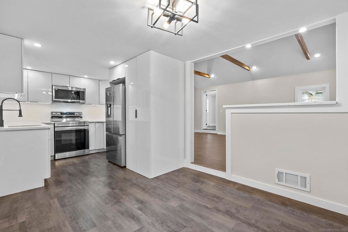 Interior, Kitchen, Pendant Lights, Recessed Lighting, Stainless Steel Appliances, Wood Texture Flooring