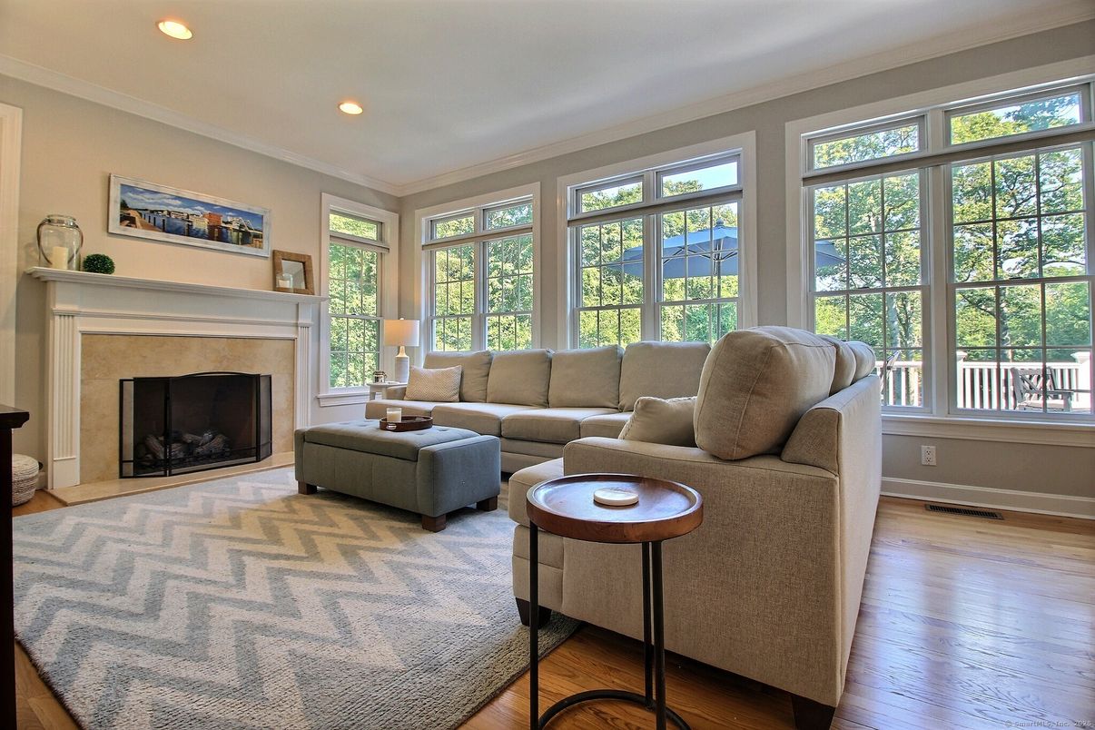 Fireplace, Interior, Living room, Recessed Lighting, Wood Texture Flooring