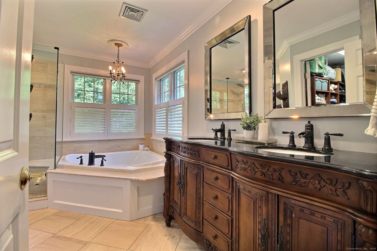 Bathroom, Dual Sink Vanities, Glass Shower, Interior, Pendant Lights