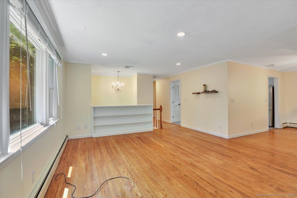 Chandelier, Empty room, Interior, Recessed Lighting, Wood Texture Flooring