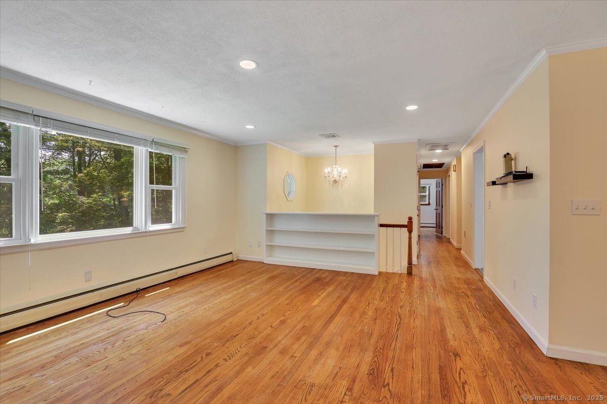 Chandelier, Empty room, Interior, Recessed Lighting, Wood Texture Flooring