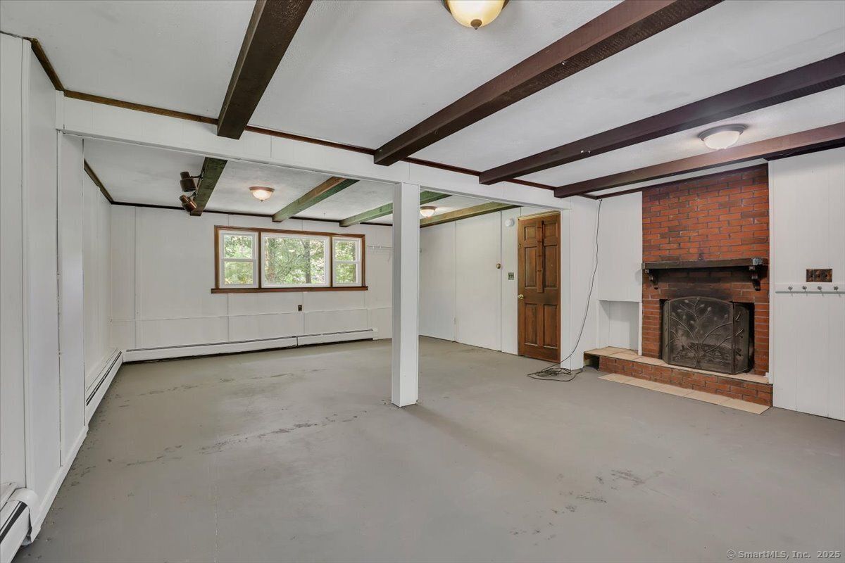 Empty room, Fireplace, Interior, Stone Walls, Wooden Beams