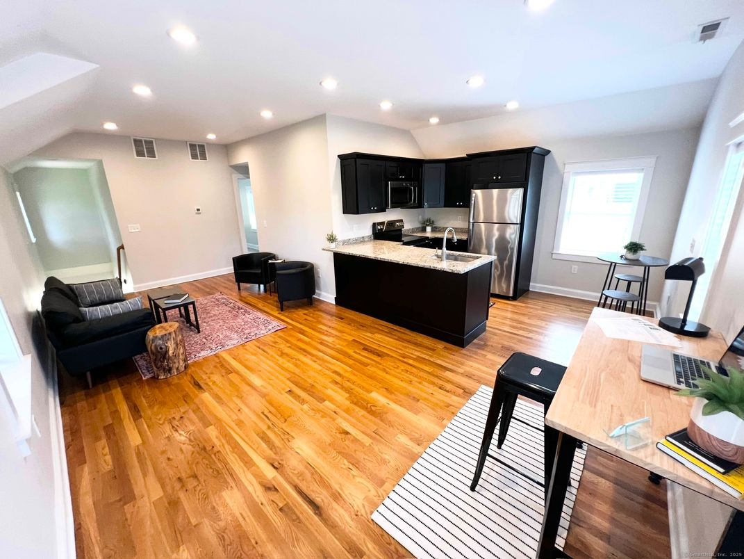 Interior, Kitchen, Living room, Recessed Lighting, Stainless Steel Appliances, Wood Texture Flooring