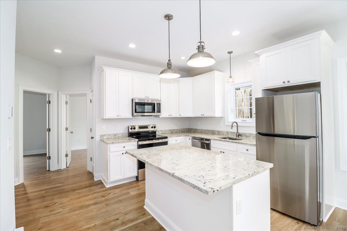 Interior, Kitchen, Pendant Lights, Recessed Lighting, Stainless Steel Appliances, Wood Texture Flooring