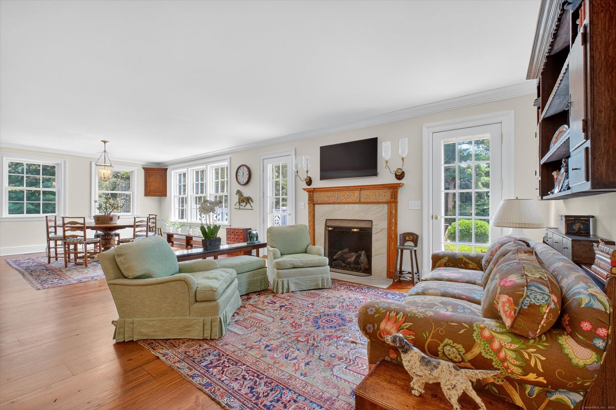 Dining room, Fireplace, Interior, Living room, Pendant Lights, Wood Texture Flooring