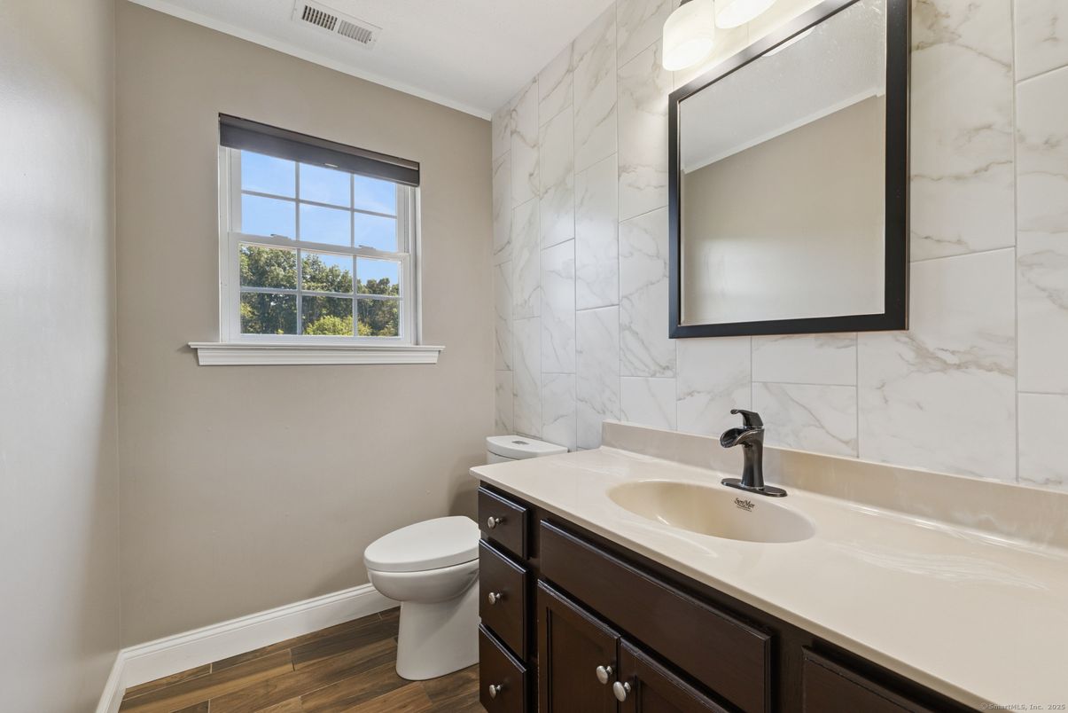 Bathroom, Interior, Marble Walls, Wood Texture Flooring
