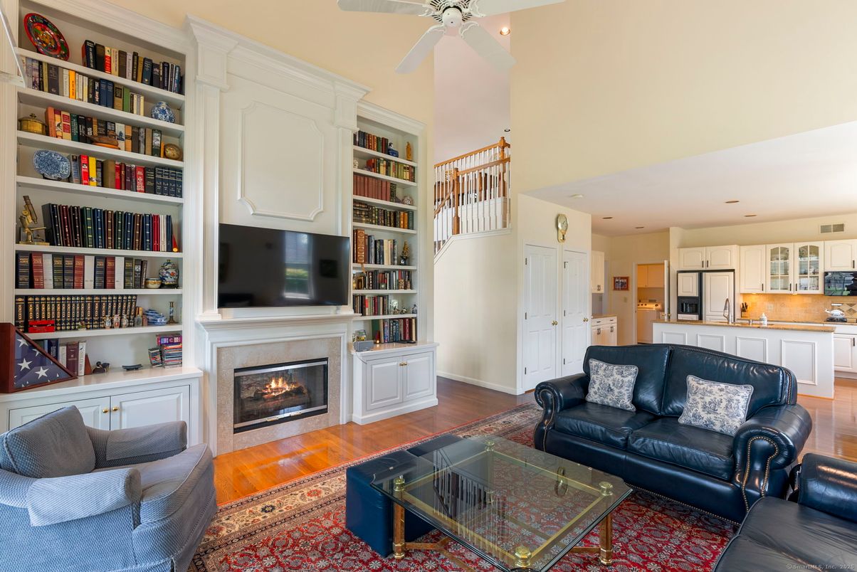 Fireplace, Interior, Kitchen, Living room, Recessed Lighting, Wood Texture Flooring