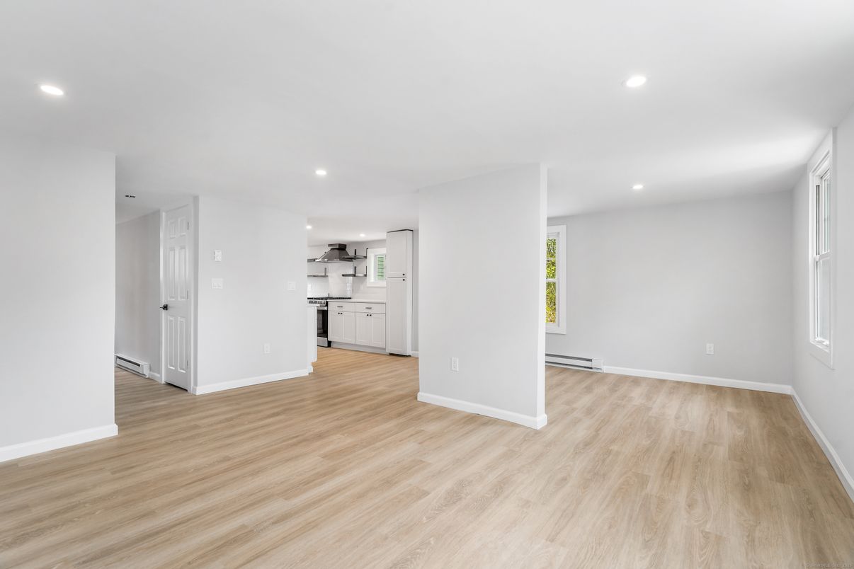 Empty room, Interior, Kitchen, Recessed Lighting, Wood Texture Flooring