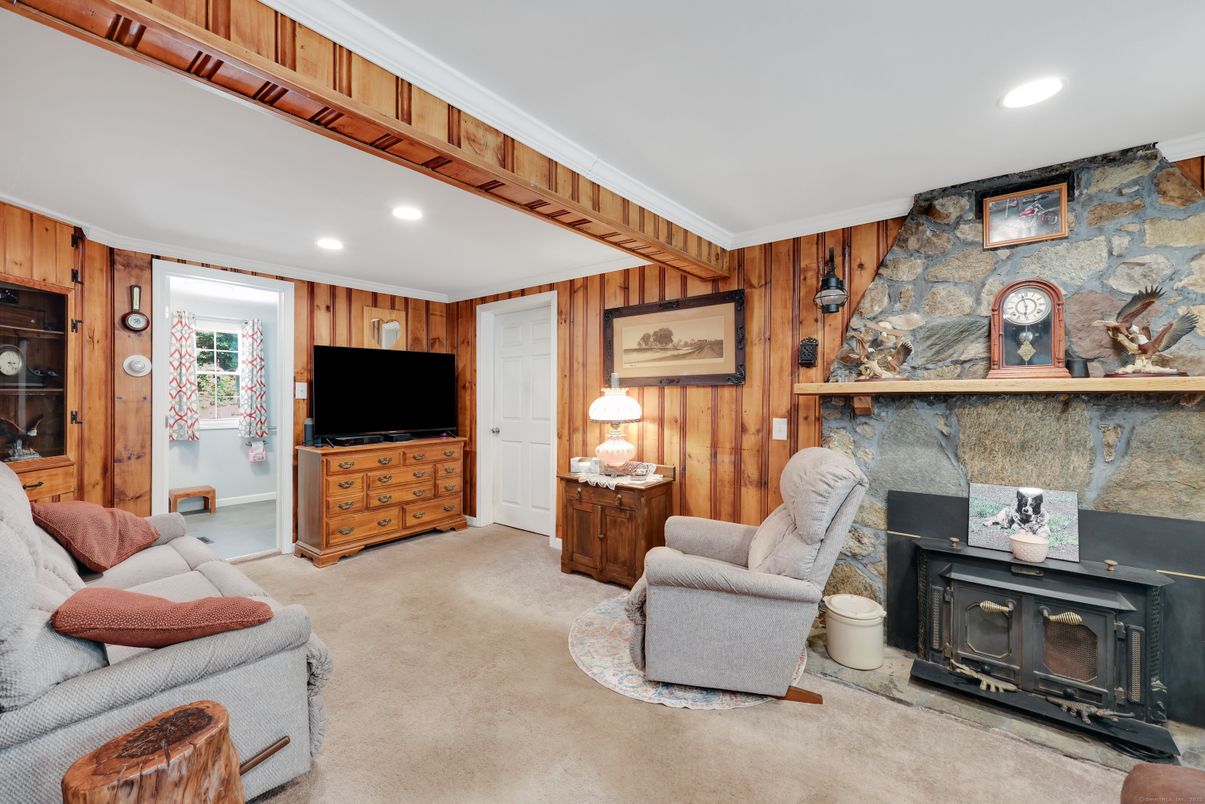 Fireplace, Interior, Living room, Recessed Lighting, Stone Walls, Wooden Walls