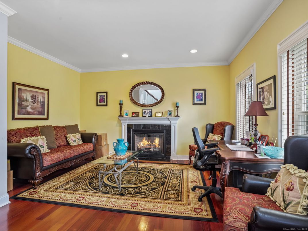 Fireplace, Home Office, Interior, Living room, Recessed Lighting, Wood Texture Flooring