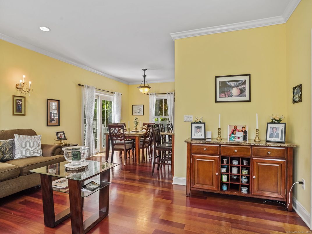 Dining room, Interior, Living room, Recessed Lighting, Wood Texture Flooring