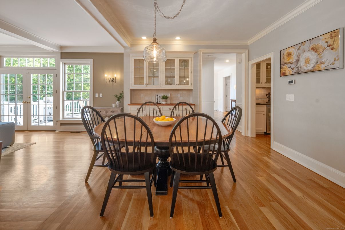 Dining room, Interior, Pendant Lights, Recessed Lighting, Wood Texture Flooring