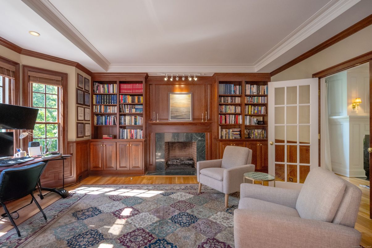 Fireplace, Home Office, Interior, Recessed Lighting, Wood Texture Flooring