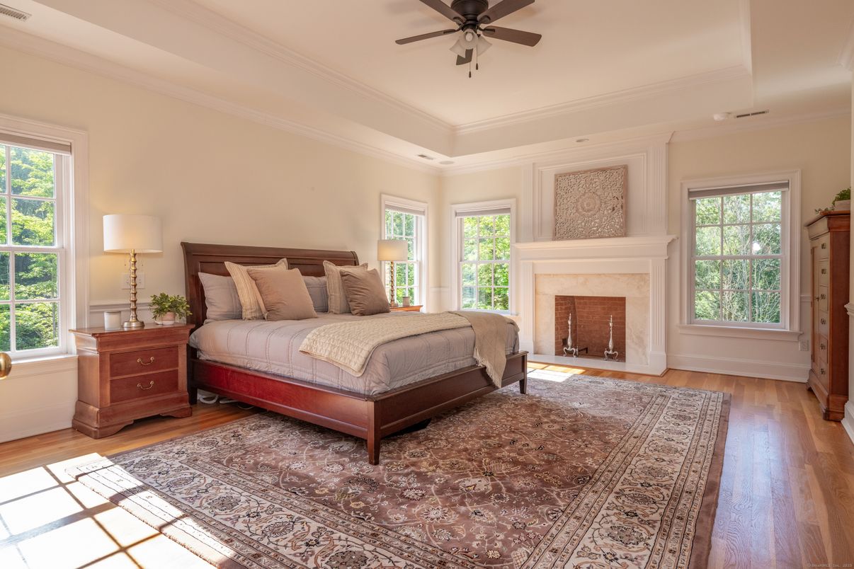 Bedroom, Fireplace, Interior, Wood Texture Flooring