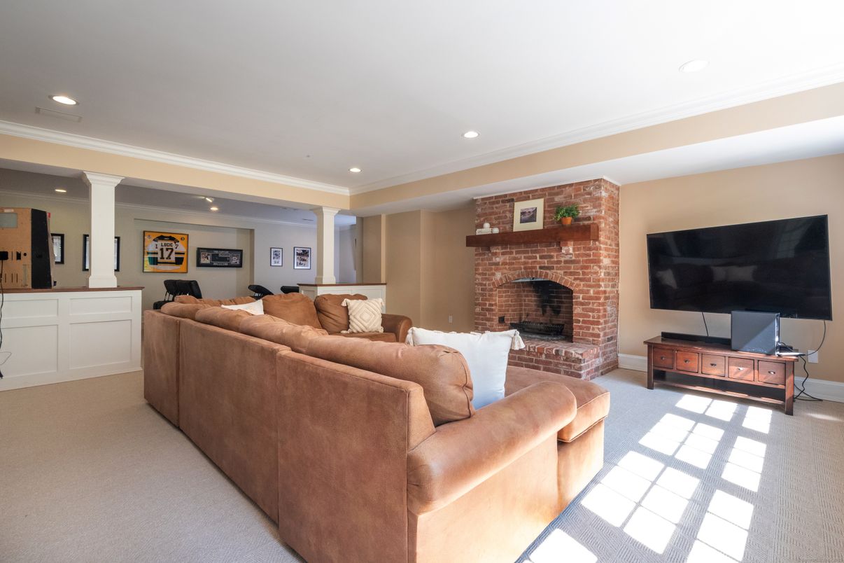 Fireplace, Interior, Living room, Recessed Lighting, Stone Walls