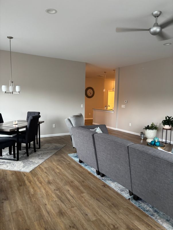 Dining room, Interior, Living room, Pendant Lights, Recessed Lighting, Wood Texture Flooring