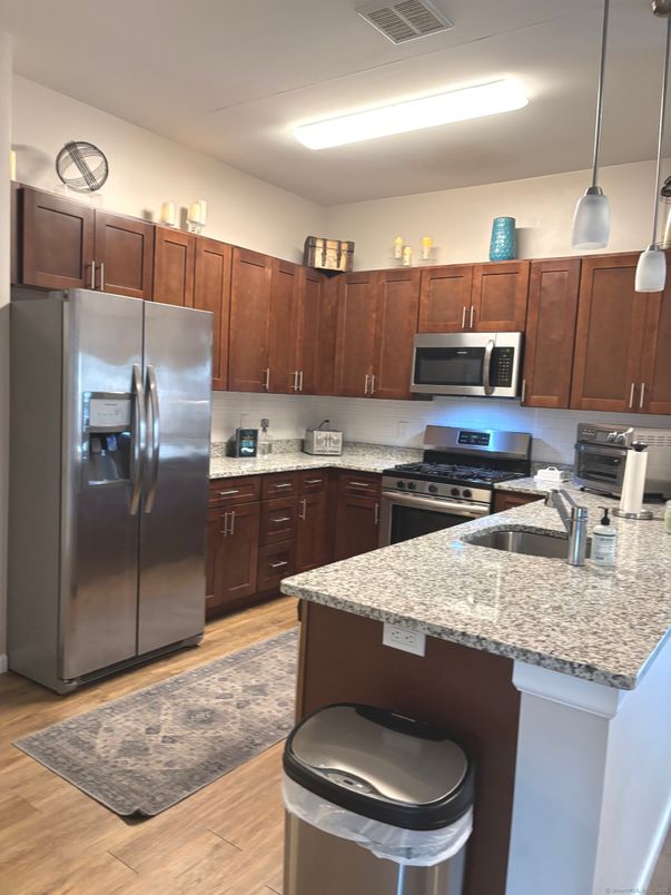 Interior, Kitchen, Pendant Lights, Stainless Steel Appliances, Wood Texture Flooring