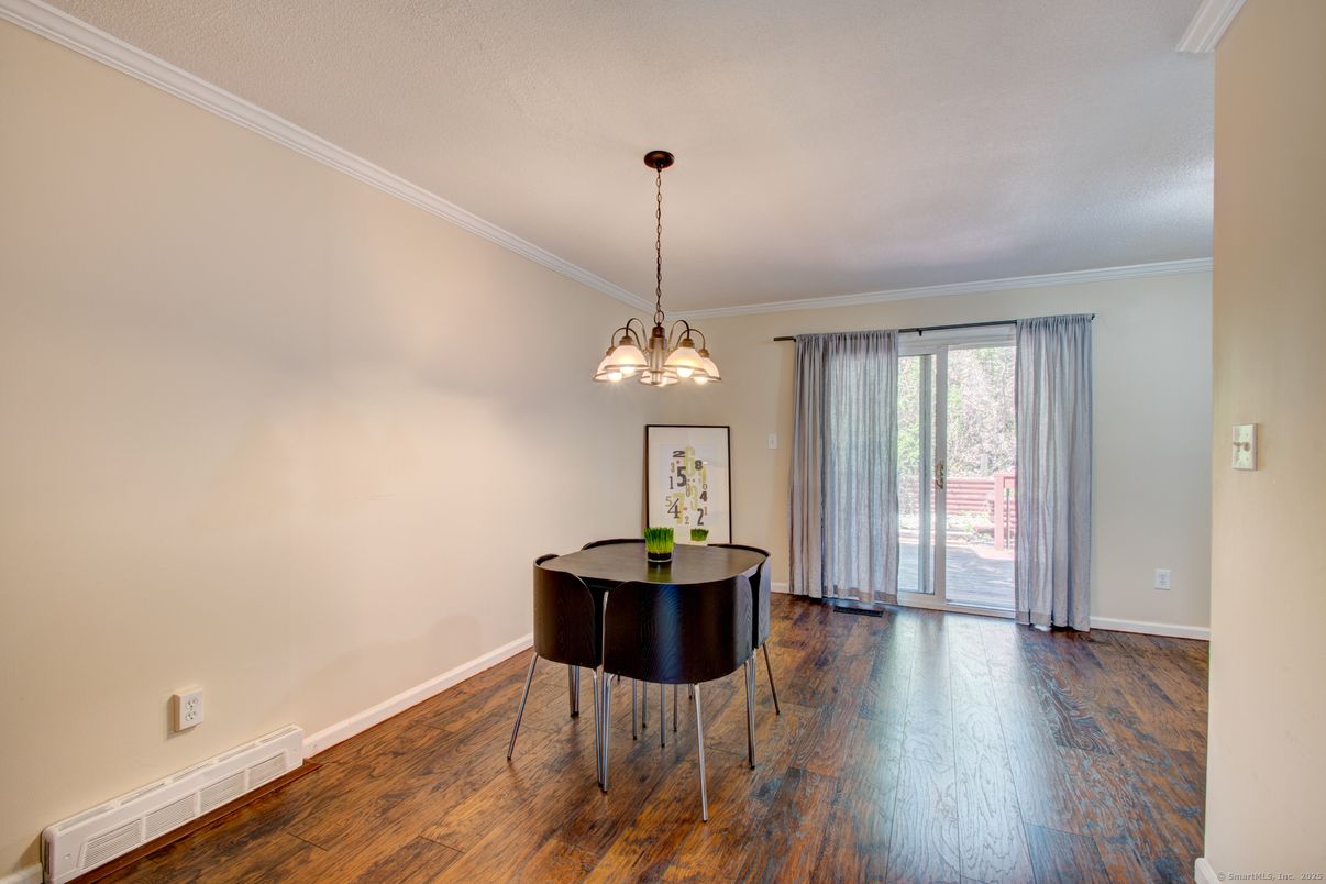 Dining room, Interior, Pendant Lights, Wood Texture Flooring
