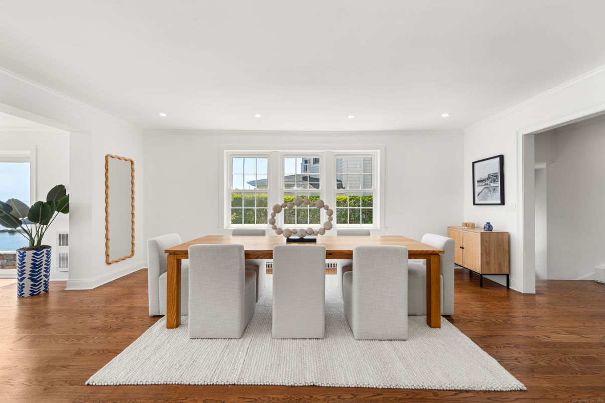Dining room, Interior, Recessed Lighting, Wood Texture Flooring