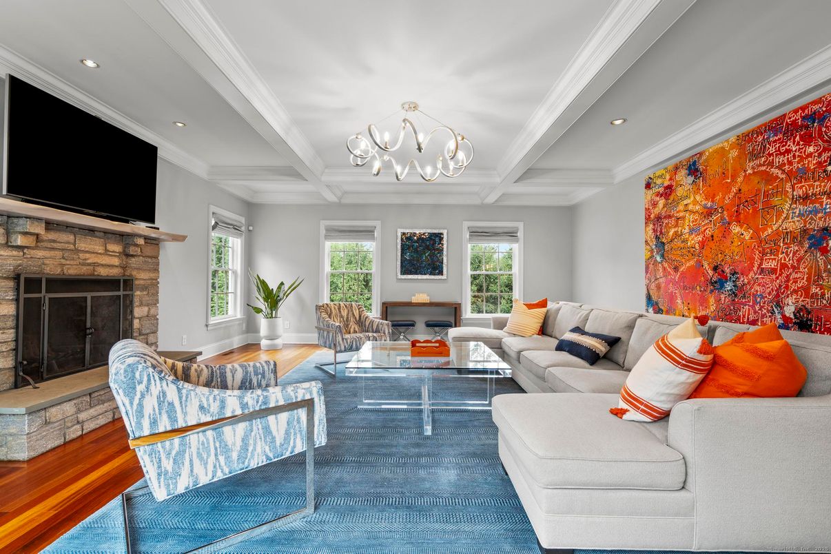 Chandelier, Fireplace, Interior, Living room, Recessed Lighting, Wood Texture Flooring