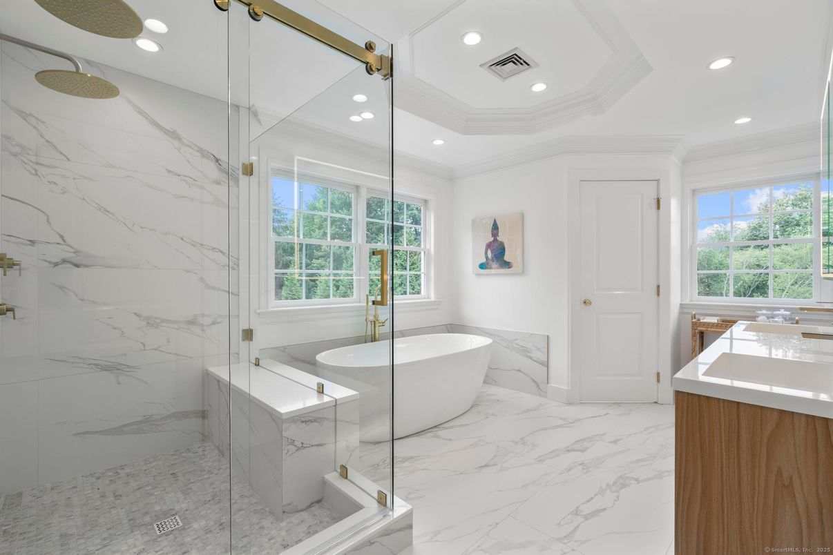 Bathroom, Free Standing Baths, Glass Shower, Interior, Marble, Marble Walls, Recessed Lighting