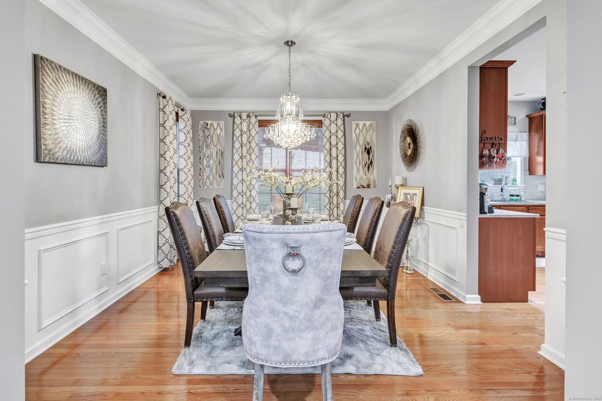 Chandelier, Dining room, Interior, Wood Texture Flooring