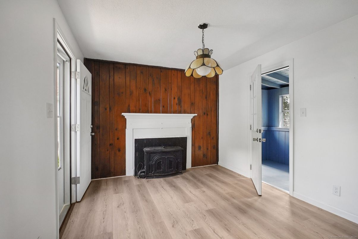 Empty room, Fireplace, Interior, Pendant Lights, Wood Texture Flooring, Wooden Walls