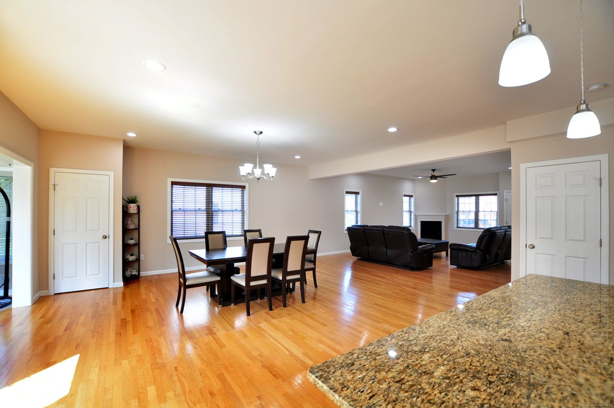 Chandelier, Dining room, Interior, Living room, Pendant Lights, Recessed Lighting, Wood Texture Flooring