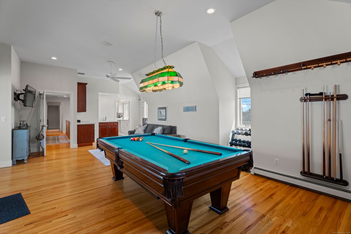 Billiard Table, Game Room, Interior, Pendant Lights, Recessed Lighting, Wood Texture Flooring