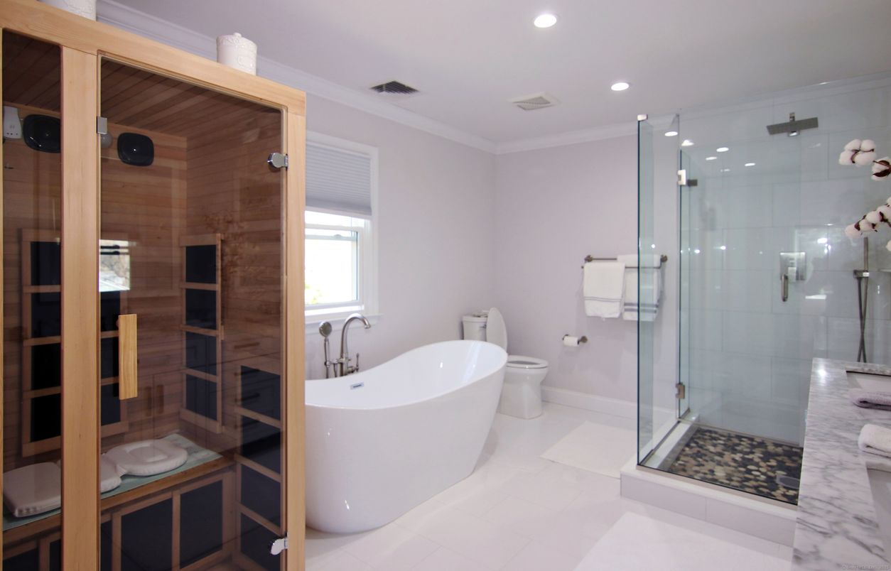 Bathroom, Free Standing Baths, Glass Shower, Interior, Recessed Lighting, Wooden Walls