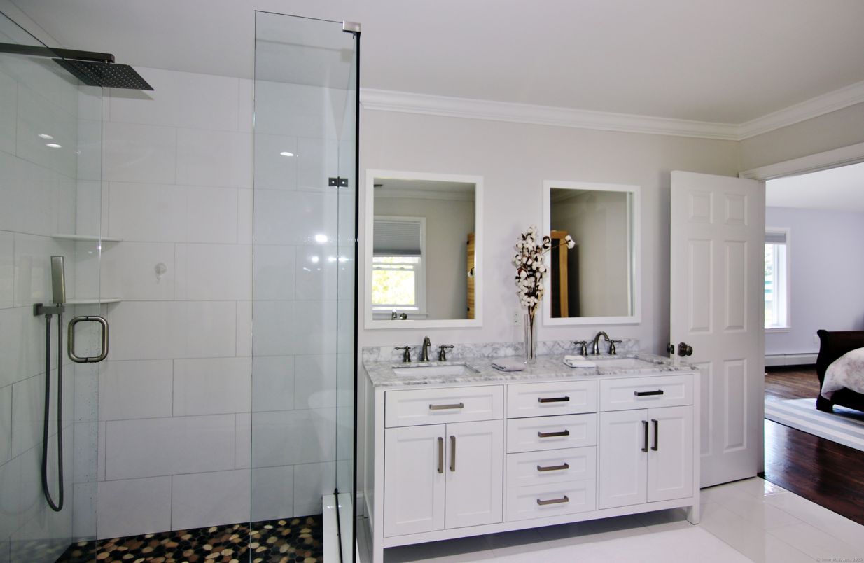 Bathroom, Dual Sink Vanities, Glass Shower, Interior, Wood Texture Flooring