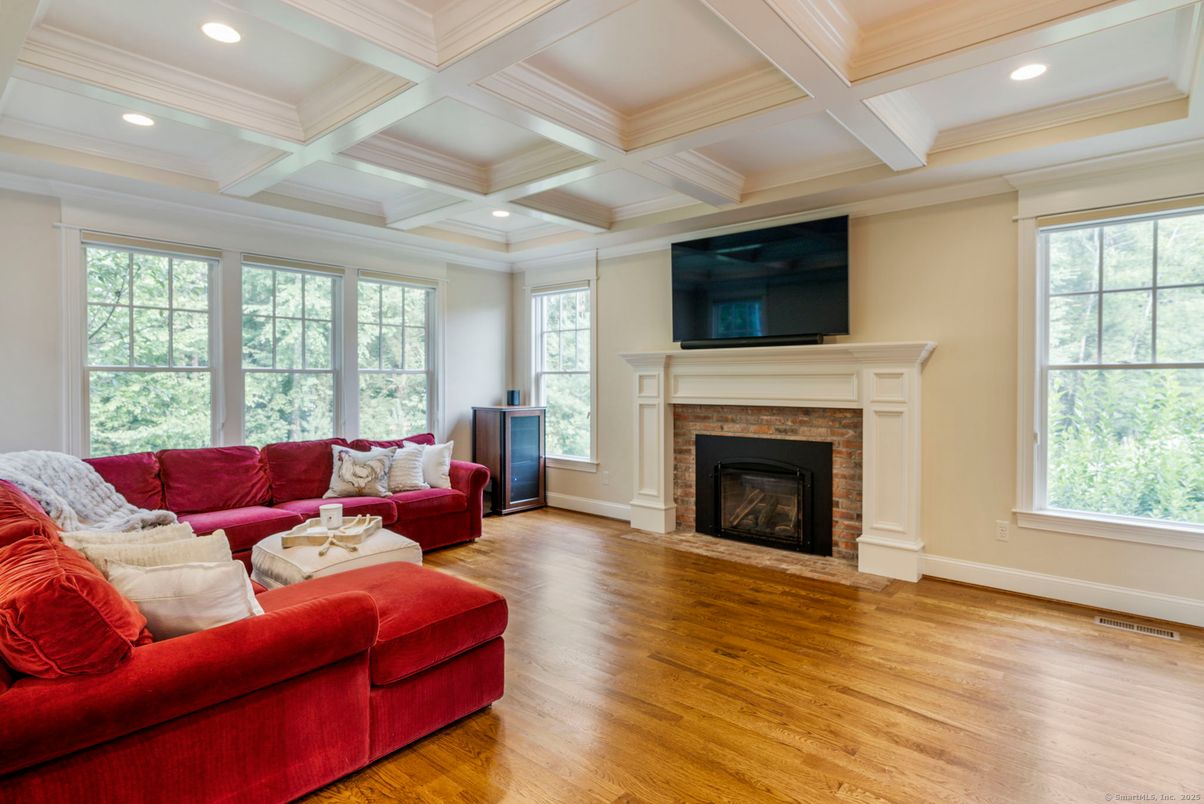 Fireplace, Interior, Living room, Recessed Lighting, Wood Texture Flooring