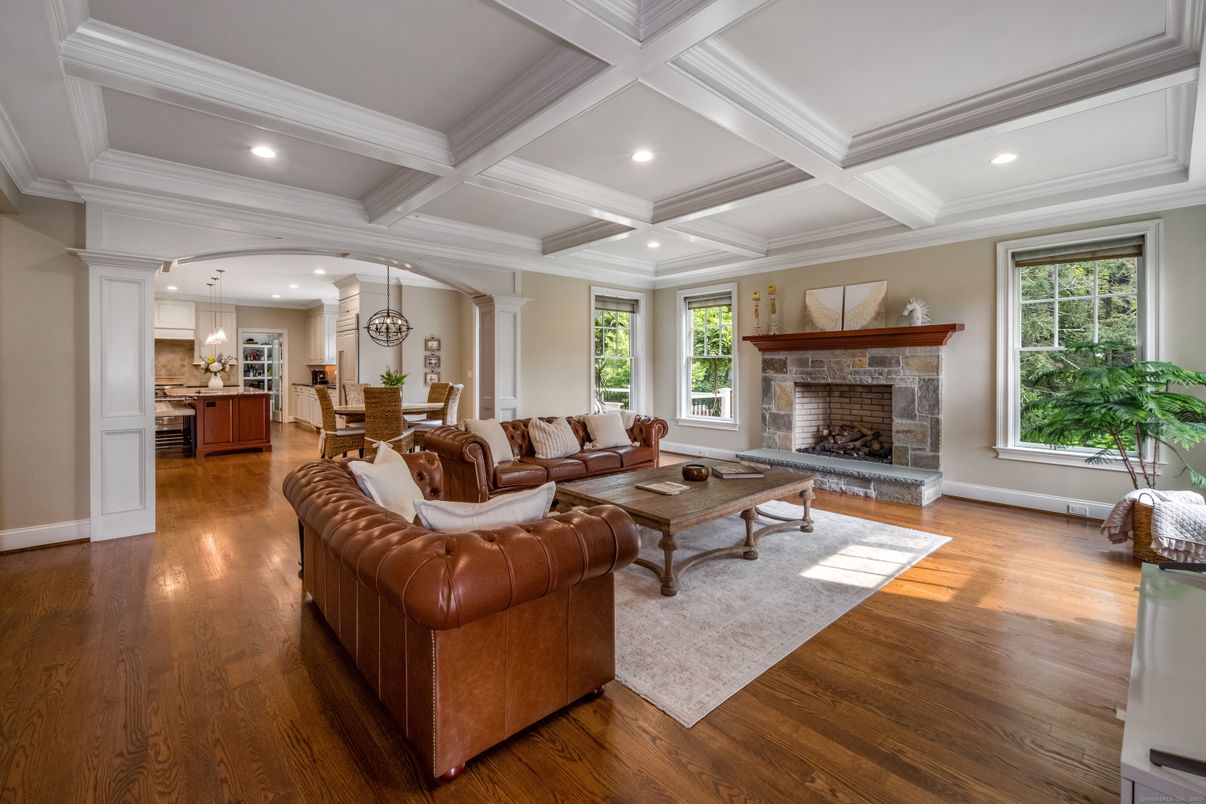 Chandelier, Dining room, Fireplace, Interior, Kitchen, Living room, Pendant Lights, Recessed Lighting, Wood Texture Flooring