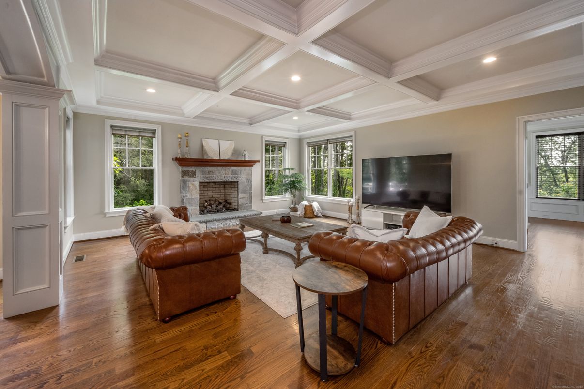 Fireplace, Interior, Living room, Recessed Lighting, Wood Texture Flooring