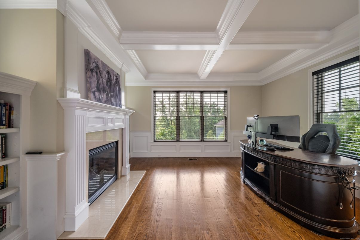 Fireplace, Home Office, Interior, Wood Texture Flooring