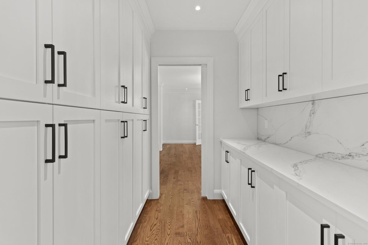 Interior, Marble Walls, Recessed Lighting, Wood Texture Flooring