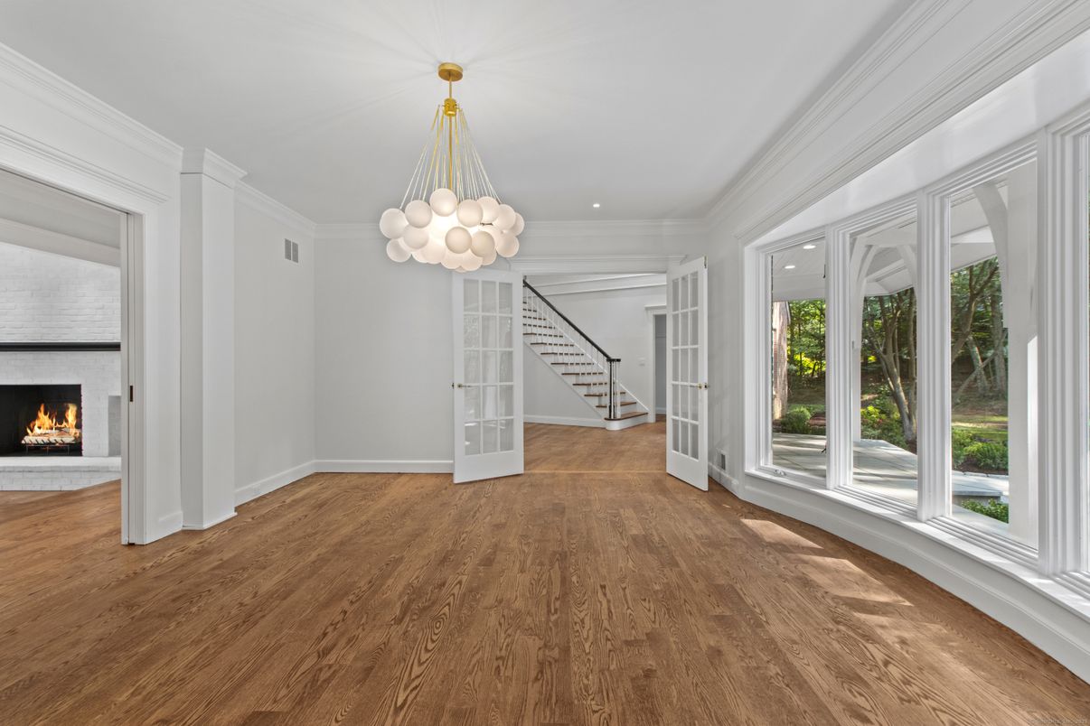 Empty room, Fireplace, Interior, Pendant Lights, Recessed Lighting, Wood Texture Flooring