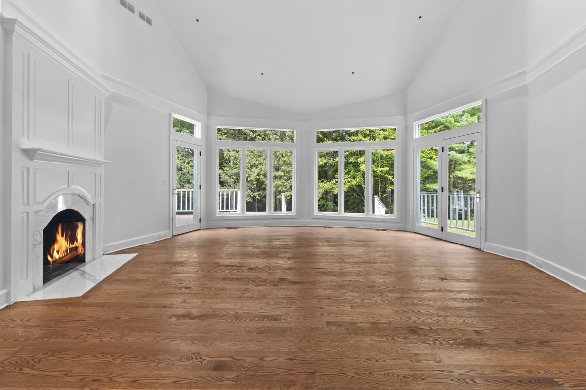 Empty room, Fireplace, Interior, Recessed Lighting, Wood Texture Flooring